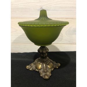 Antique 1960s Green Frosted Satin Glass Candy Dish With Lid And Brass Pedestal